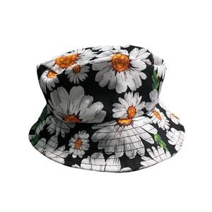 Vintage Daisy Floral Bucket Hat Black & White Canvas Sun Hat Y2K Retro Festival